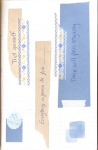 Scrapbooking page with blue and craft paper scraps